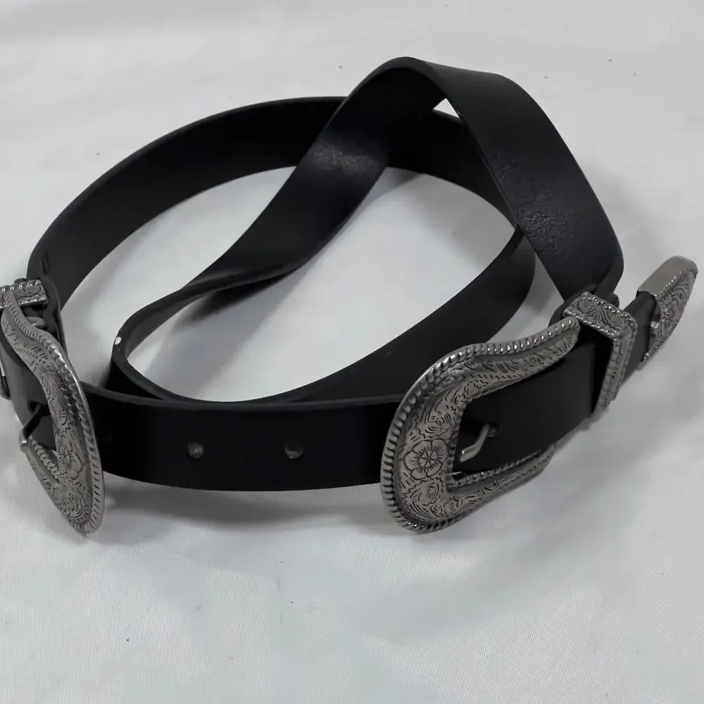 Black Western Style Faux Leather Double Buckle Belt Silver Hardware Unisex 34